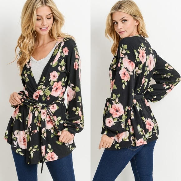 LAST 1! Floral puff sleeve belted cardigan - Picture 2 of 8